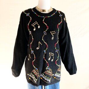 Vintage 80s Victoria Harbour Black Holiday Sweater Jewel Embellished Size S